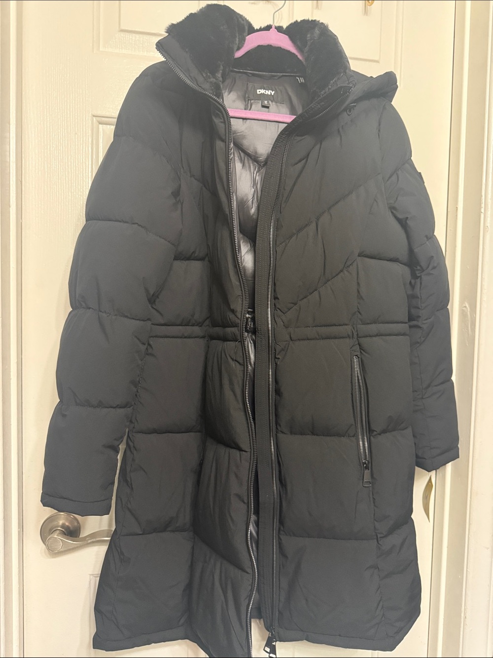 DKNY Black Quilted Puffer Jacket with Faux Fur Trim